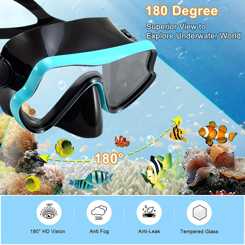 Unisex Premium Snorkeling Goggles with Wide-Angle View - Large Frame Silicone Mask & Anti-fog Breathing Tube Set for Comfortable, Leak-proof Diving Adventures