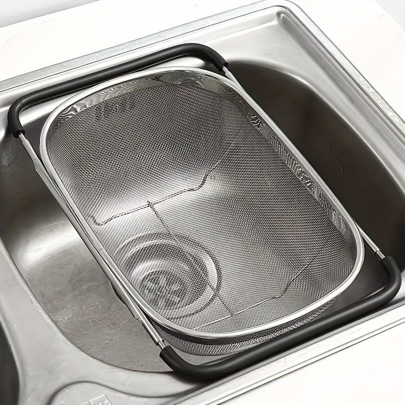 1pc Adjustable Stainless Steel Sink Colander - Multifunctional Vegetable and Fruit Washing Basket with Drain Rack, Strainer, and Kitchen Accessories - Space-Saving, Easy to Clean, and Durable Kitchen Gadget