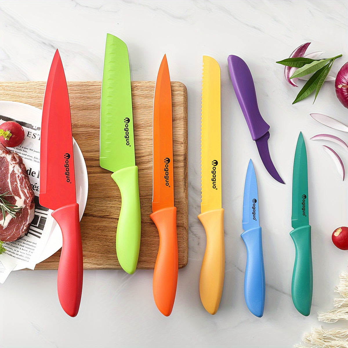 Kitchen Knife Set Dishwasher Safe, Sharp Stainless Steel Knife Set, Kitchen Knives Sets Professional with Sheaths 14pcs Rainbow, 7 Knives with 7 Blade Guards Non Stick