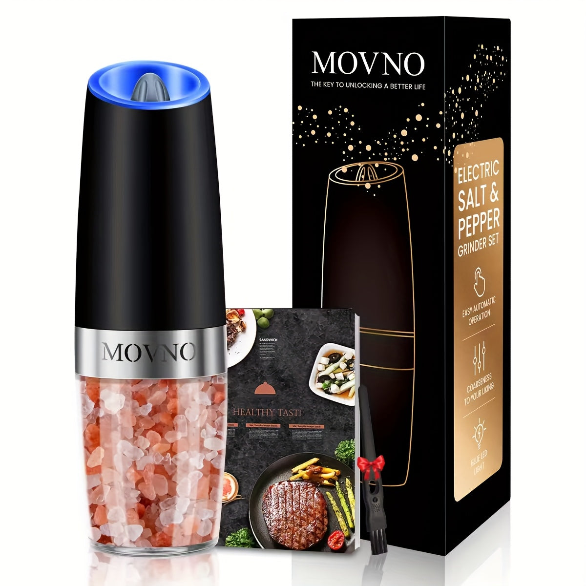 Gravity Electric Salt and Pepper Grinder Set, Battery Powered LED Light One Hand Automatic Operation, Adjustable Coarseness Mill Grinders Shakers Black, Kitchen Gadgets Gift Ideas