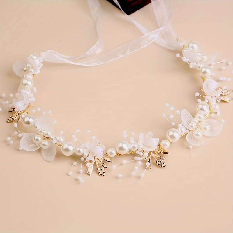 Faux Pearl Flower Beaded Headband Exquisite Flower Ring Wedding Bridal Headpiece Tulle Bandage Hair Accessories