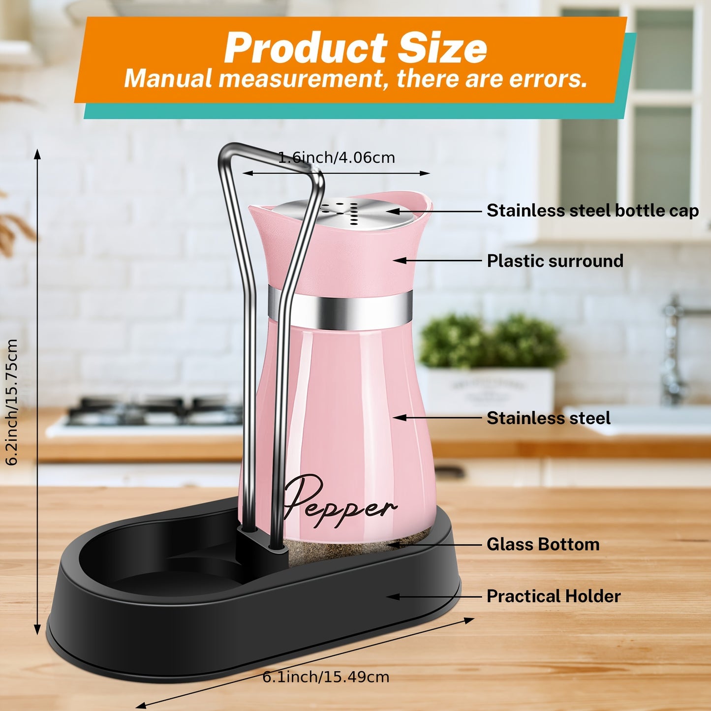 Pink Salt And Pepper Shakers Set With Holder, 4 Oz Kitchen Decor And Accessories Home Essentials Cute Household Items For Mother's Day Housewarming Gift Refillable Design (Pink)