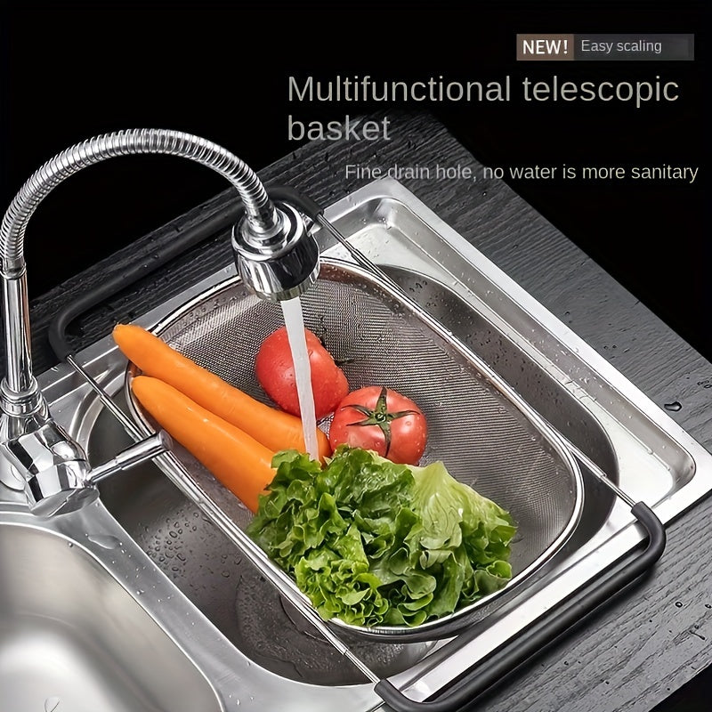 1pc Adjustable Stainless Steel Sink Colander - Multifunctional Vegetable and Fruit Washing Basket with Drain Rack, Strainer, and Kitchen Accessories - Space-Saving, Easy to Clean, and Durable Kitchen Gadget