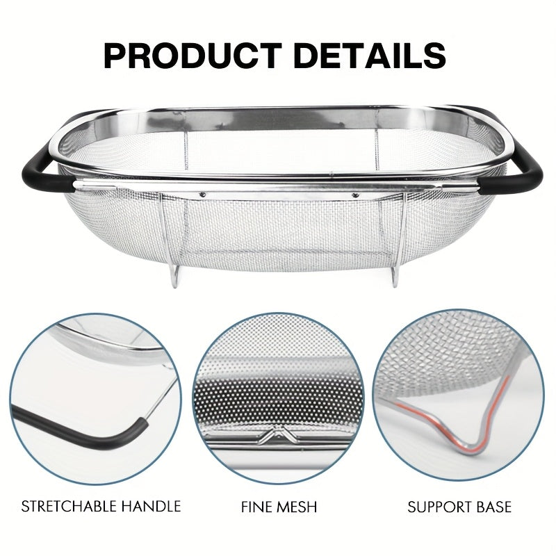 Expandable Stainless Steel Filter with Fine Mesh And Drain Basket - Suitable for Vegetables And Fruits, Kitchen Essentials, Food Safety, Filtered Vegetables