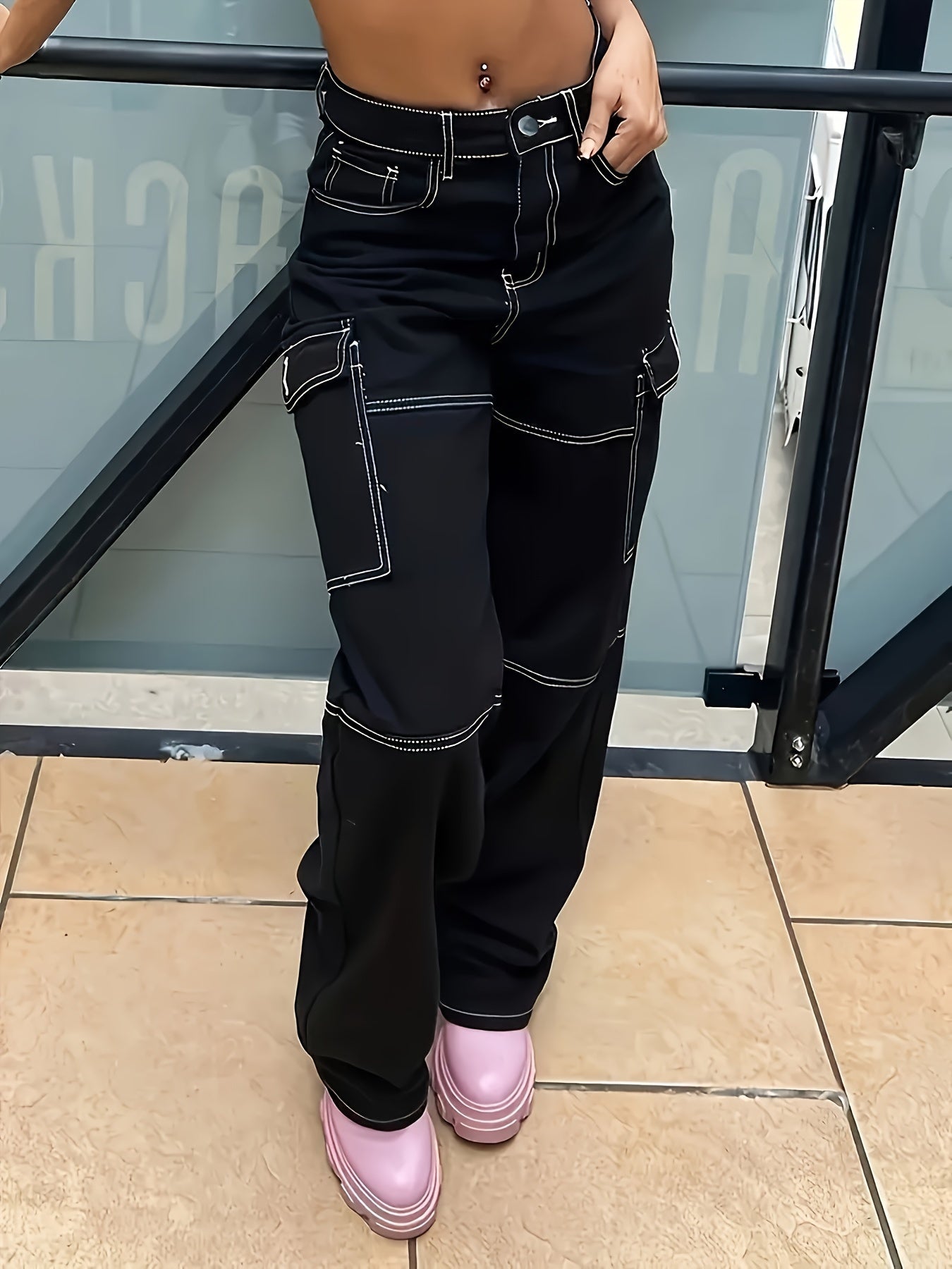 Women's Casual Jeans With Flap Pockets, Contrast Stitching High-Waist Streetwear Cargo Denim Pants For Fall