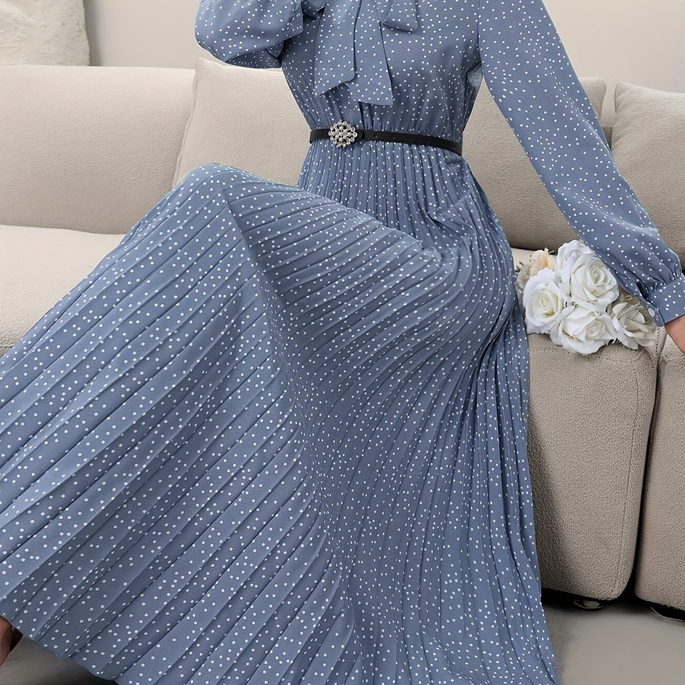 Stylish Pleated Tie Neck Long Sleeve Dress - Elegant Women's Dresses for Spring & Fall Season - Comfortable, Versatile, and Chic Clothing for Ladies