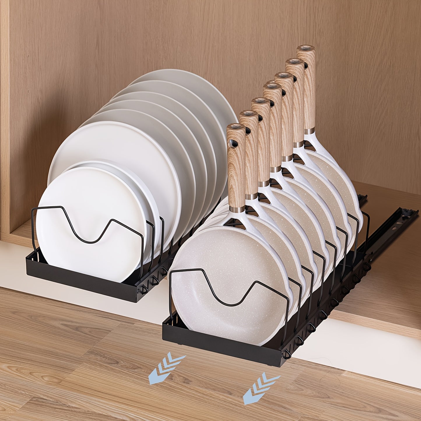 Pull Out Pot Lids Organizer Rack, 2pcs Pots And Pans Organizer for Under Cabinet, Pot Lid Holder with 8 Adjustable Compartment for Kitchen Cabinet Cookware Baking