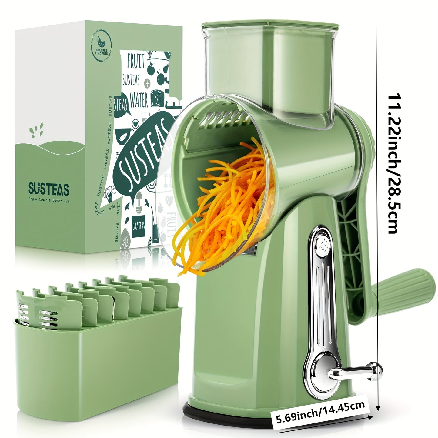 SUSTEAS Rotary Cheese Grater With Handle - Vegetable Shredder With 5 Well-designed Blades & Strong Suction Base, Round Mandoline Slicer & Food Chopper For Kitchen, With Blade Storage Box