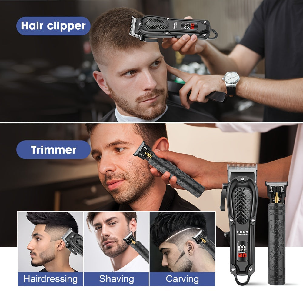 2pcs HIENA Professional Hair Clippers for Men, Cordless USB Rechargeable Lithium Battery, ABS Body, Digital Display, Carved Design, with 1200mAh Battery, for Ideal Gift for Father