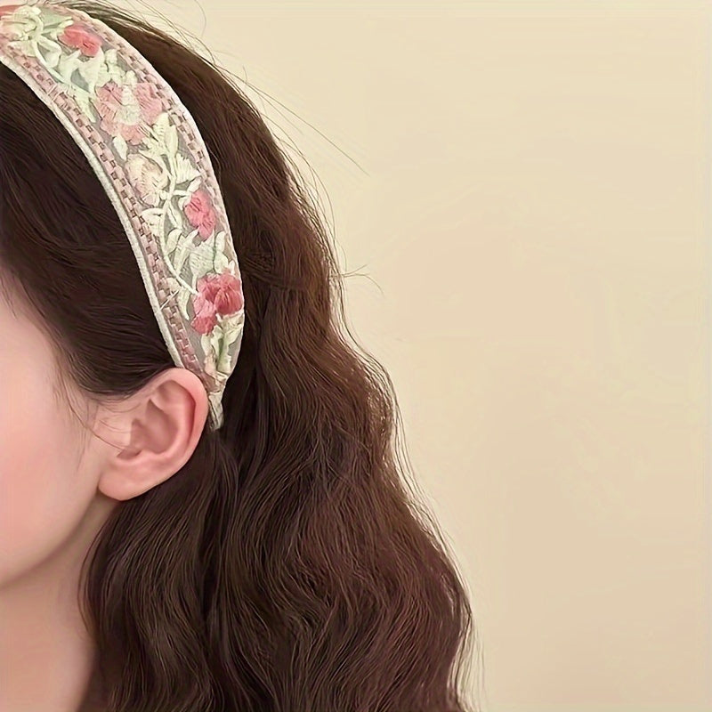 Elegant Boho Embroidered Floral Headband Set - Wide, Vintage-Inspired Hairbands for Women