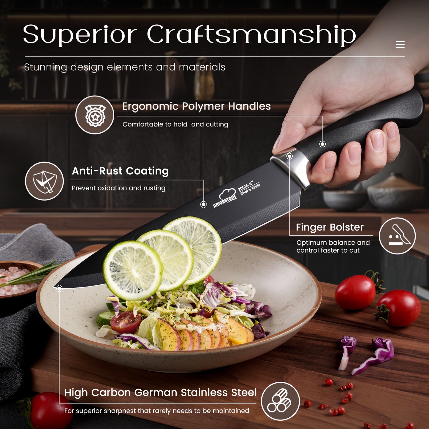 20pcs/ Knife Set, Amorston 20pcs Knife Sets for Kitchen with Block, Dishwasher Safe Kitchen Knife Set with Built-in Sharpener, German Stainless Steel Black Knife Block Set, Kitchen Gadgets Gifts for Mom Or Dad