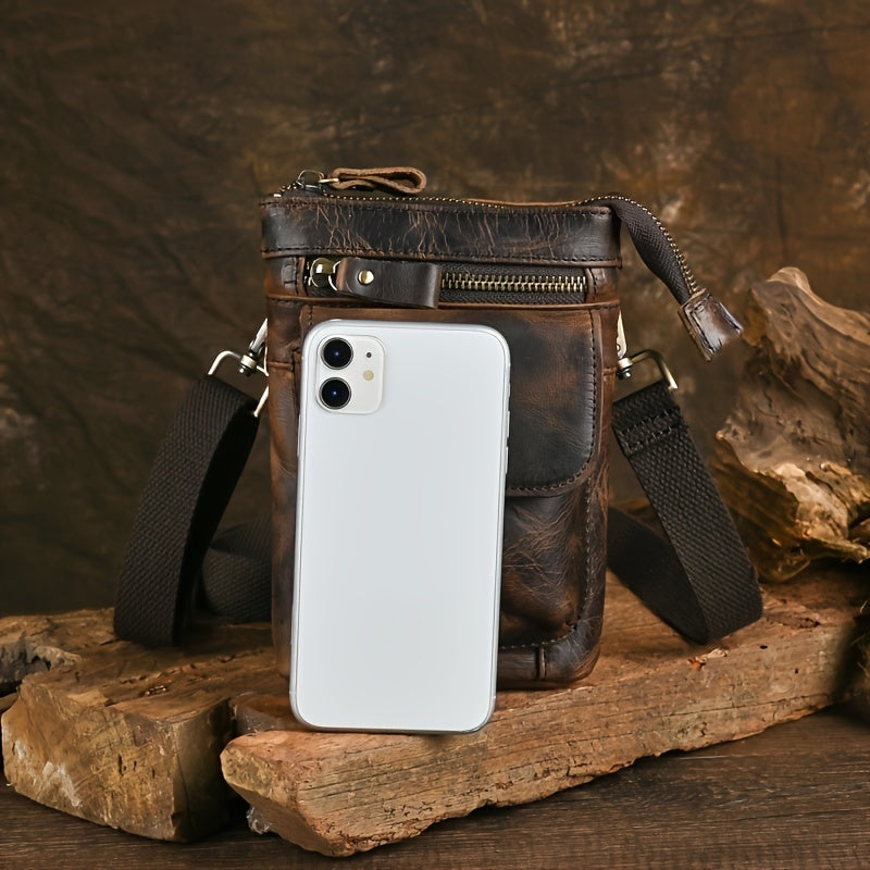 Genuine Leather Crossbody Bag, Casual Retro Style, Multi-Functional Outdoor Purse with 7-inch Mobile Phone Pocket, Hook Wear Belt, Uncharged - Ideal for Going Out