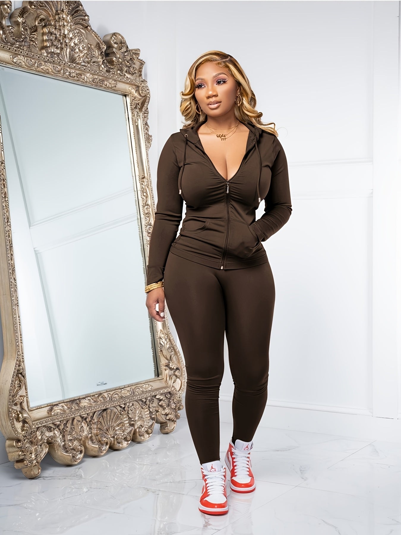 Women Two Piece Outfits Workout Sets Bodycon Tracksuit Long Sleeve Zip Up Hoodie Jacket Jogger Matching Sweat Pants Set