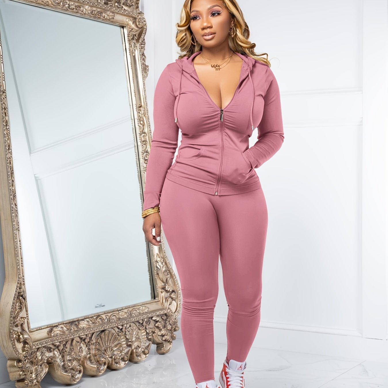 Women Two Piece Outfits Workout Sets Bodycon Tracksuit Long Sleeve Zip Up Hoodie Jacket Jogger Matching Sweat Pants Set