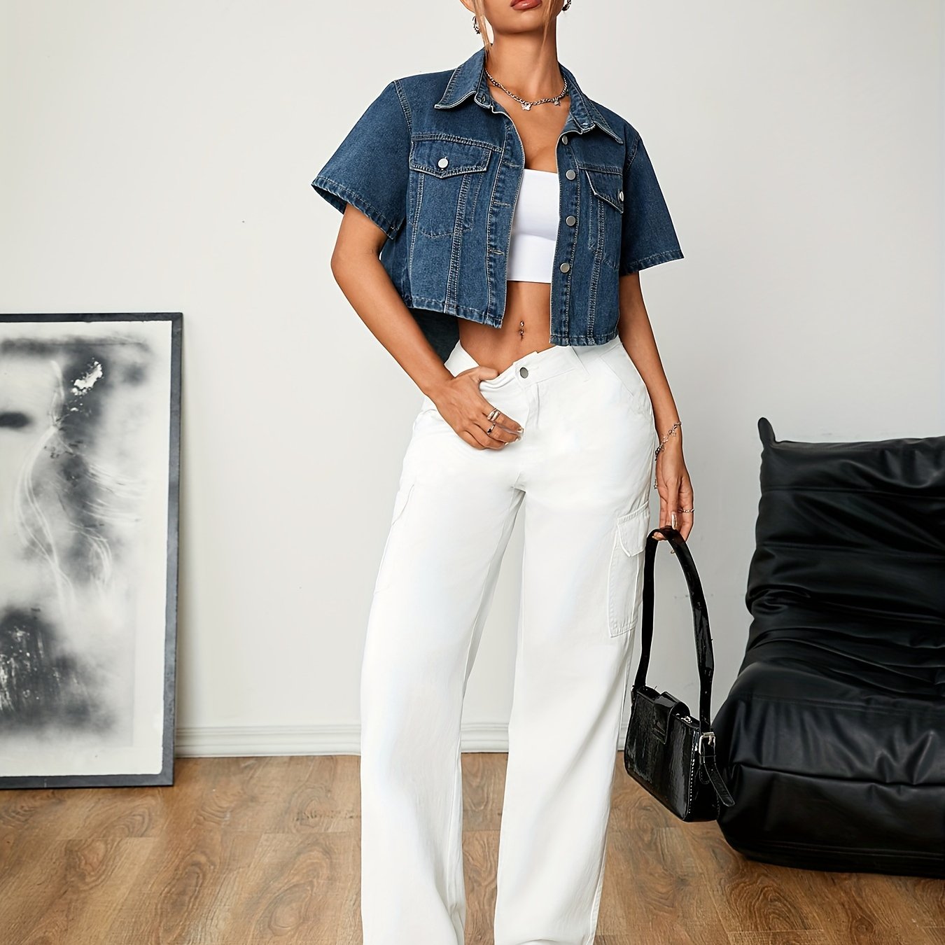 Chic Spring/Summer Women's Denim Jacket - Casual Short Sleeve, Button-Up, Non-Stretch Cotton Blend