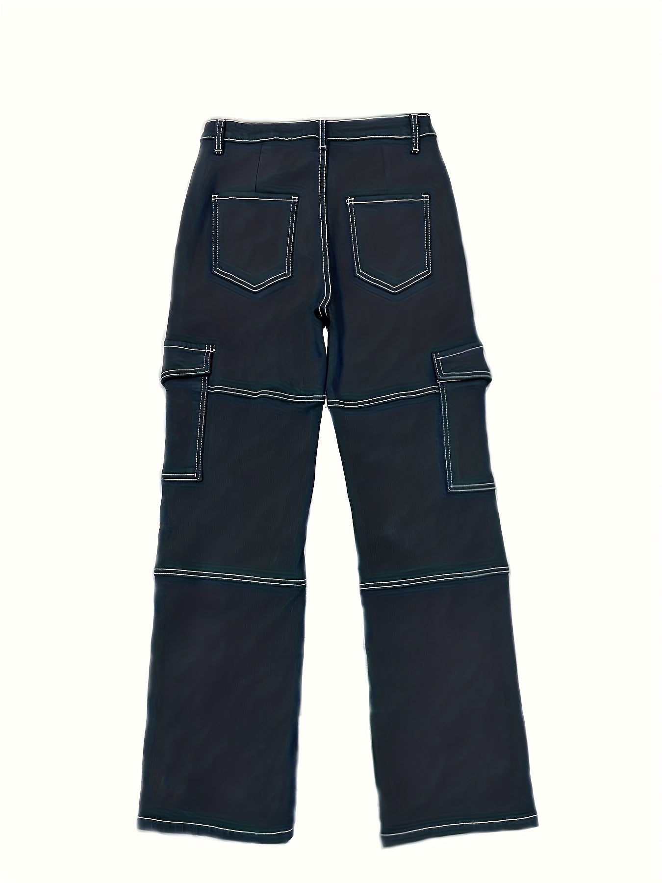 Women's Casual Jeans With Flap Pockets, Contrast Stitching High-Waist Streetwear Cargo Denim Pants For Fall
