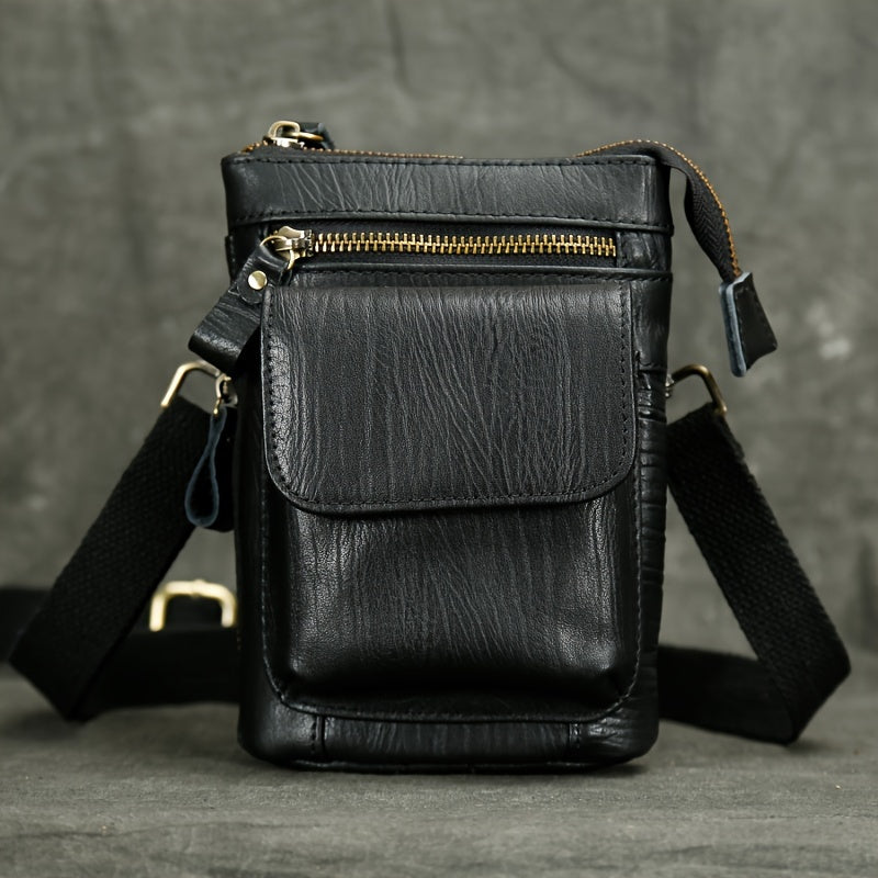 Genuine Leather Crossbody Bag, Casual Retro Style, Multi-Functional Outdoor Purse with 7-inch Mobile Phone Pocket, Hook Wear Belt, Uncharged - Ideal for Going Out