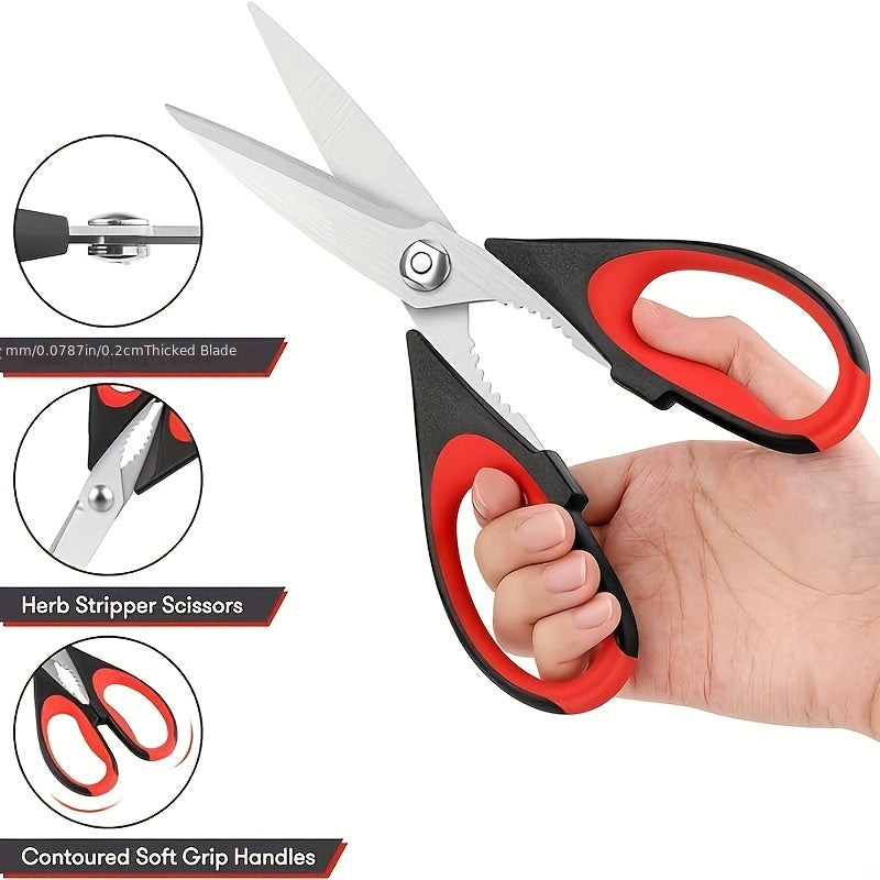 2-Pack Stainless Steel Kitchen Scissors - Heavy Duty All-Purpose Meat & Poultry Shears with Non-Slip Handles, Dishwasher Safe, Sharp Cutting Edge for Cooking & Utility Use - Black & Red/Black & Gray