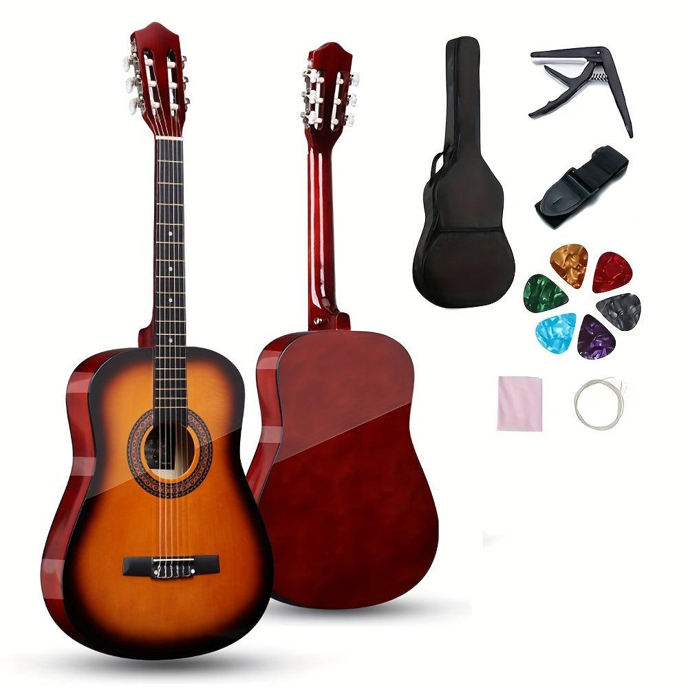 38-Inch Acoustic Classical Guitar Set with Polished Finish - Ideal for Beginners, Includes Case, Strap, Tuning Clip, Cleaning Cloth, Strings & Picks - Available in Orange/Black