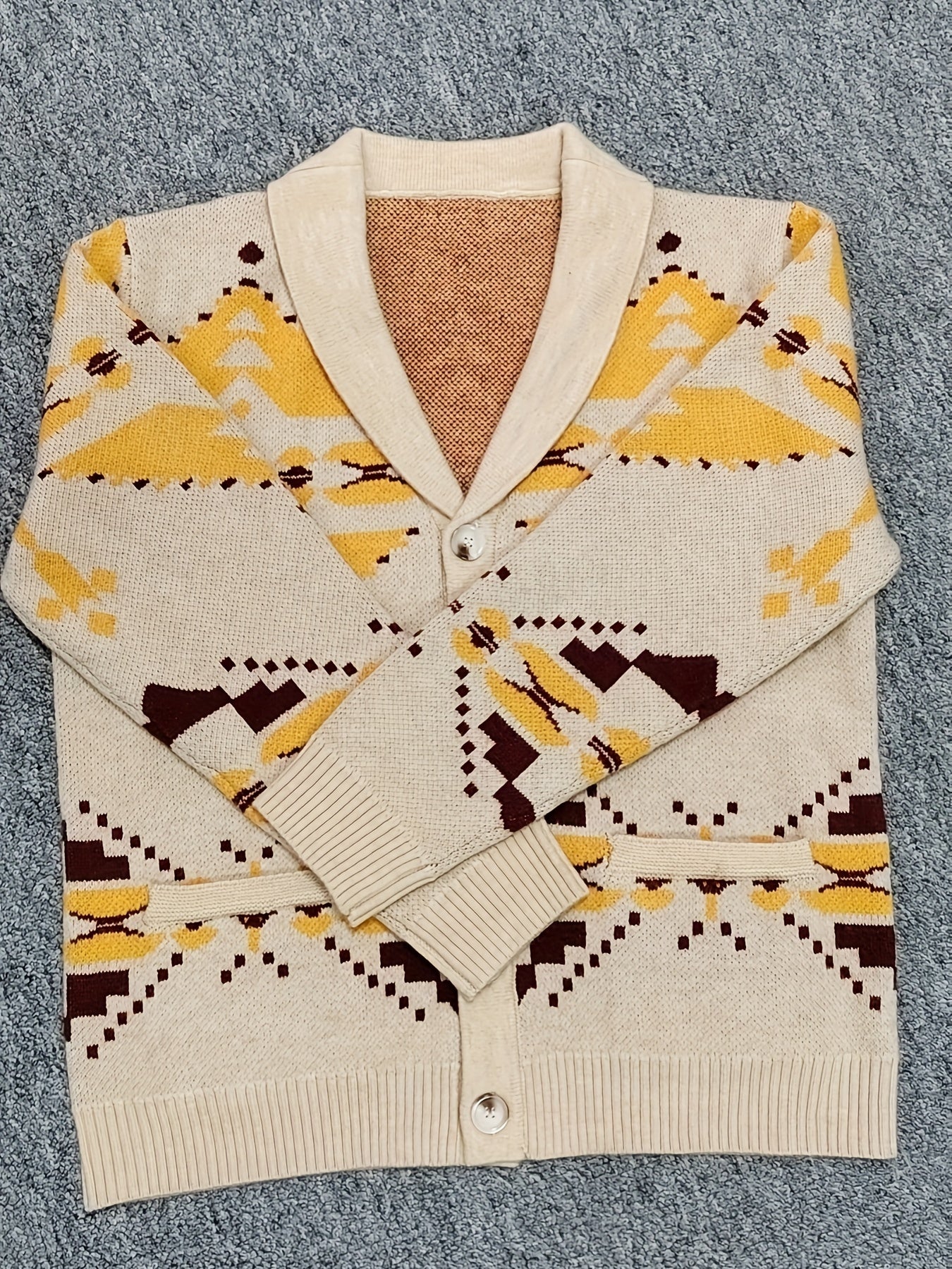 1pc Retro Men'S Casual Acrylic Knit Cardigan - Geometric Pattern, Stretch Fabric, Regular Fit, Lapel Collar, Long Sleeve Leisure Top for Spring Fall Outdoor Holiday