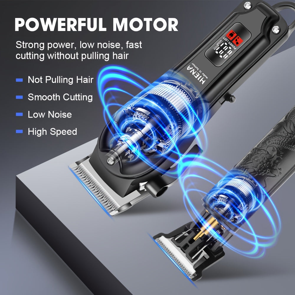 2pcs HIENA Professional Hair Clippers for Men, Cordless USB Rechargeable Lithium Battery, ABS Body, Digital Display, Carved Design, with 1200mAh Battery, for Ideal Gift for Father