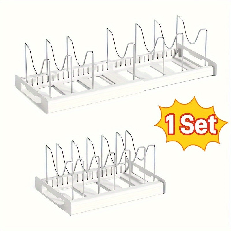 Pots And Pans Organizer, Adjustable Bakeware Organizer Pot Lid Holder Rack, Expandable Kitchen Organizer Rack Holder With Dividers - Under Cabinet Storage For Pots, Pans, Lids, Bakeware (White)