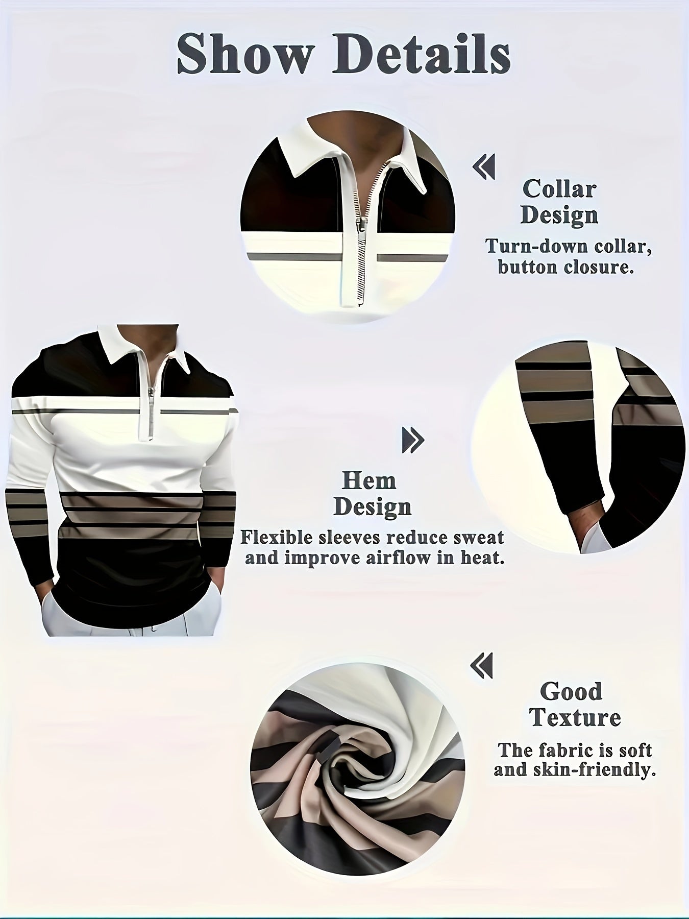 Men's Long Sleeved Zipper Collar Shirt Striped Fashion Spring And Autumn Polo Shirt Collar