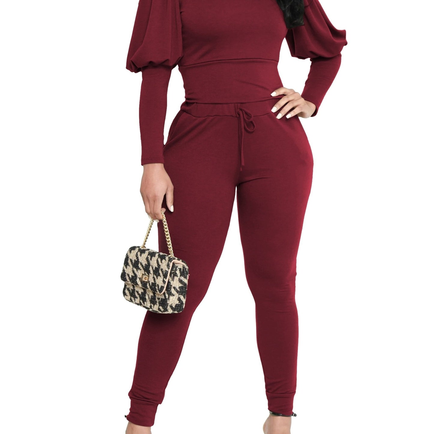 3370 Women's Two-Piece Set with Fluffy Sleeve Top and Jogging Pants, Fashionable Sporty Outfit