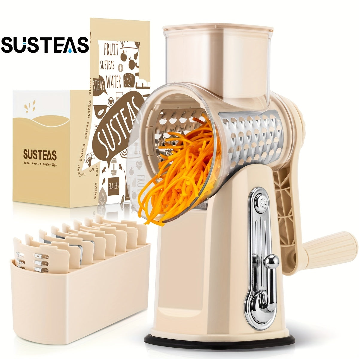 SUSTEAS Rotary Cheese Grater With Handle - Vegetable Shredder With 5 Well-designed Blades & Strong Suction Base, Round Mandoline Slicer & Food Chopper For Kitchen, With Blade Storage Box