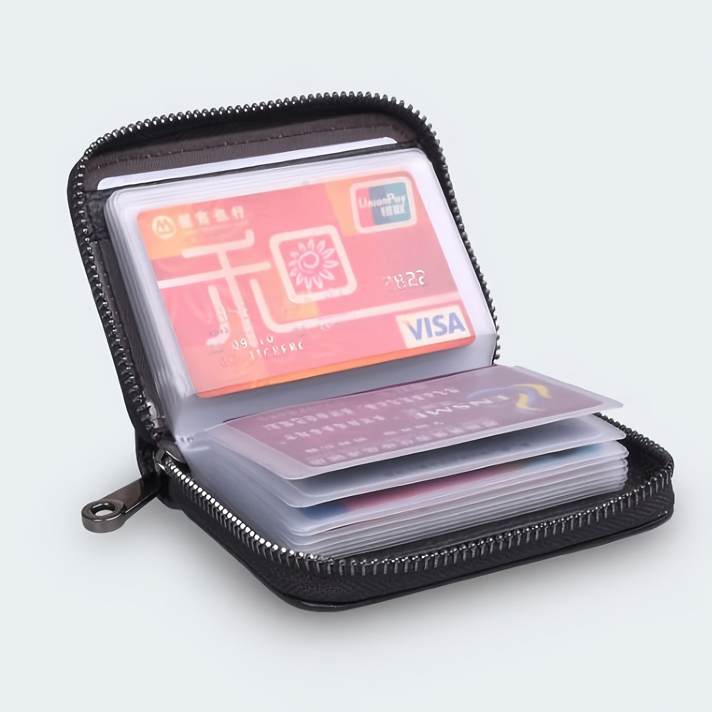 1pc, Stylish Large Capacity Multi-Slot Card Holder – Unisex Synthetic Leather Wallet with Detachable ID Window, Anti-Theft Zipper Closure, Compact Design in Black, Blue, Pink, Purple & More, Perfect Gift for Professionals,
