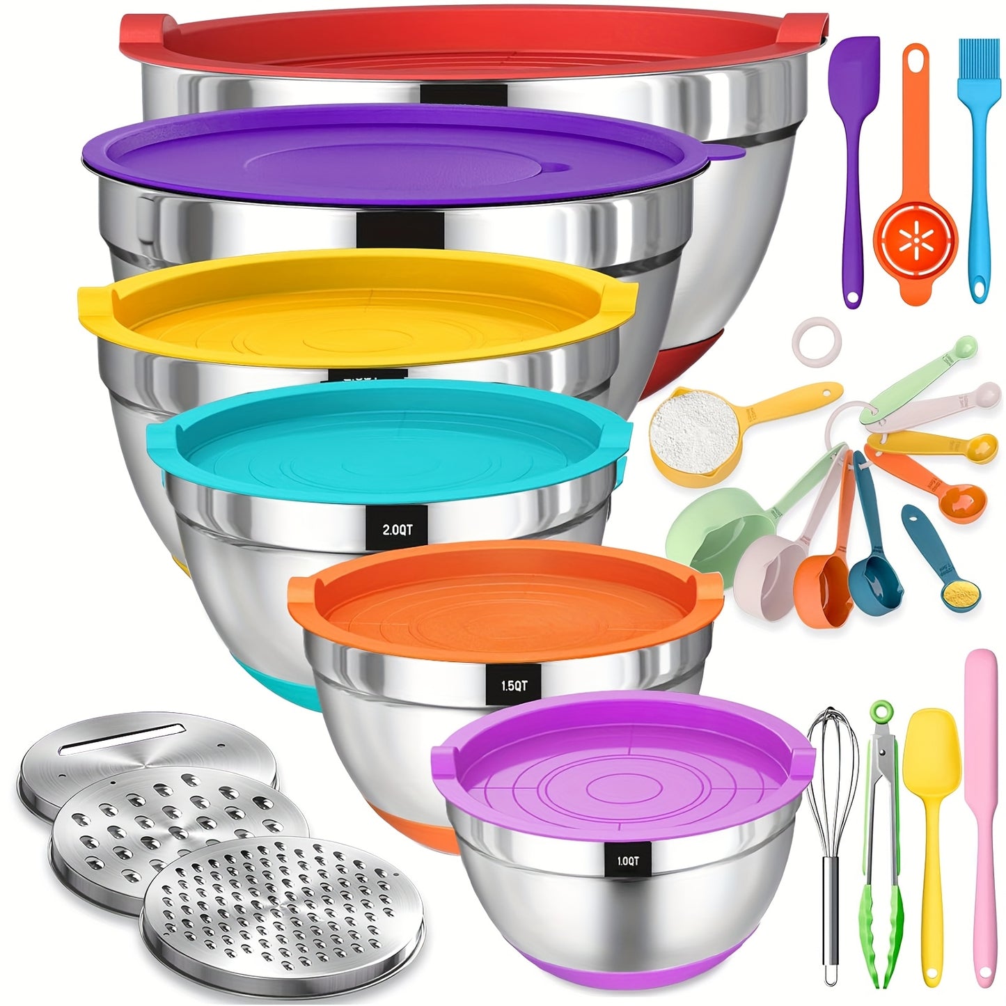 Mixing Bowls with Airtight Lids, 26pcs Stainless Steel Bowls Set 6 bowls & Lids + 20 kitchen tools, 3 Grater Attachments & Black Non-Slip Bottoms Size 7, 4, 2.5, 2.0, 1.5, 1QT, Great for Mixing & Serving