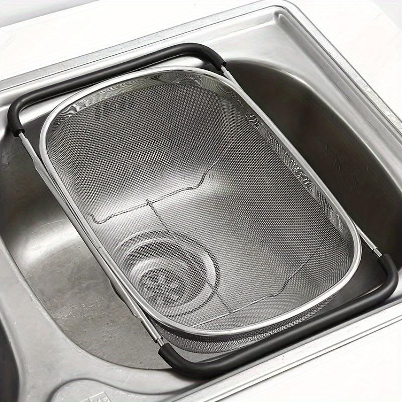 1pc Adjustable Stainless Steel Sink Colander - Multifunctional Vegetable and Fruit Washing Basket with Drain Rack, Strainer, and Kitchen Accessories - Space-Saving, Easy to Clean, and Durable Kitchen Gadget