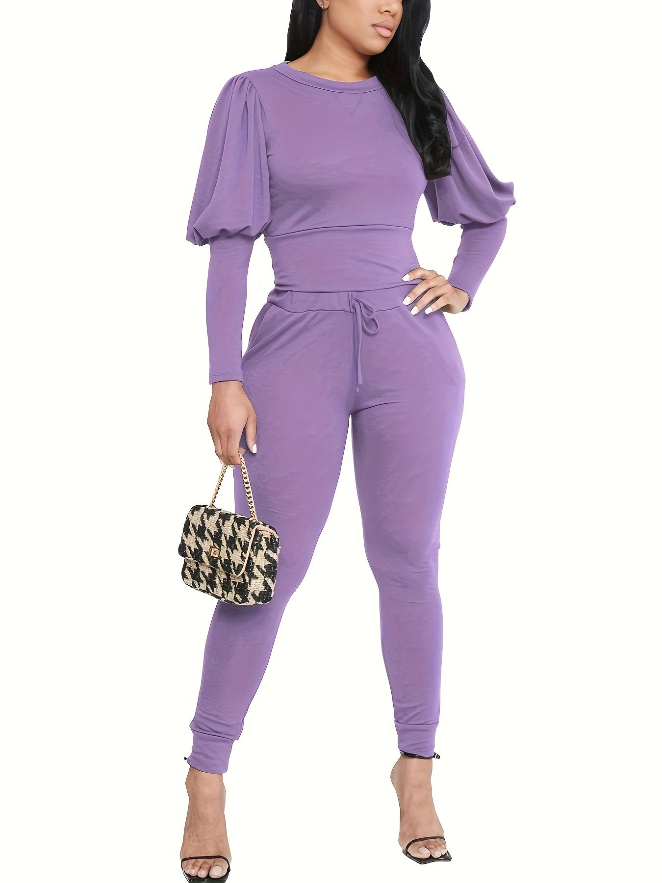 3370 Women's Two-Piece Set with Fluffy Sleeve Top and Jogging Pants, Fashionable Sporty Outfit