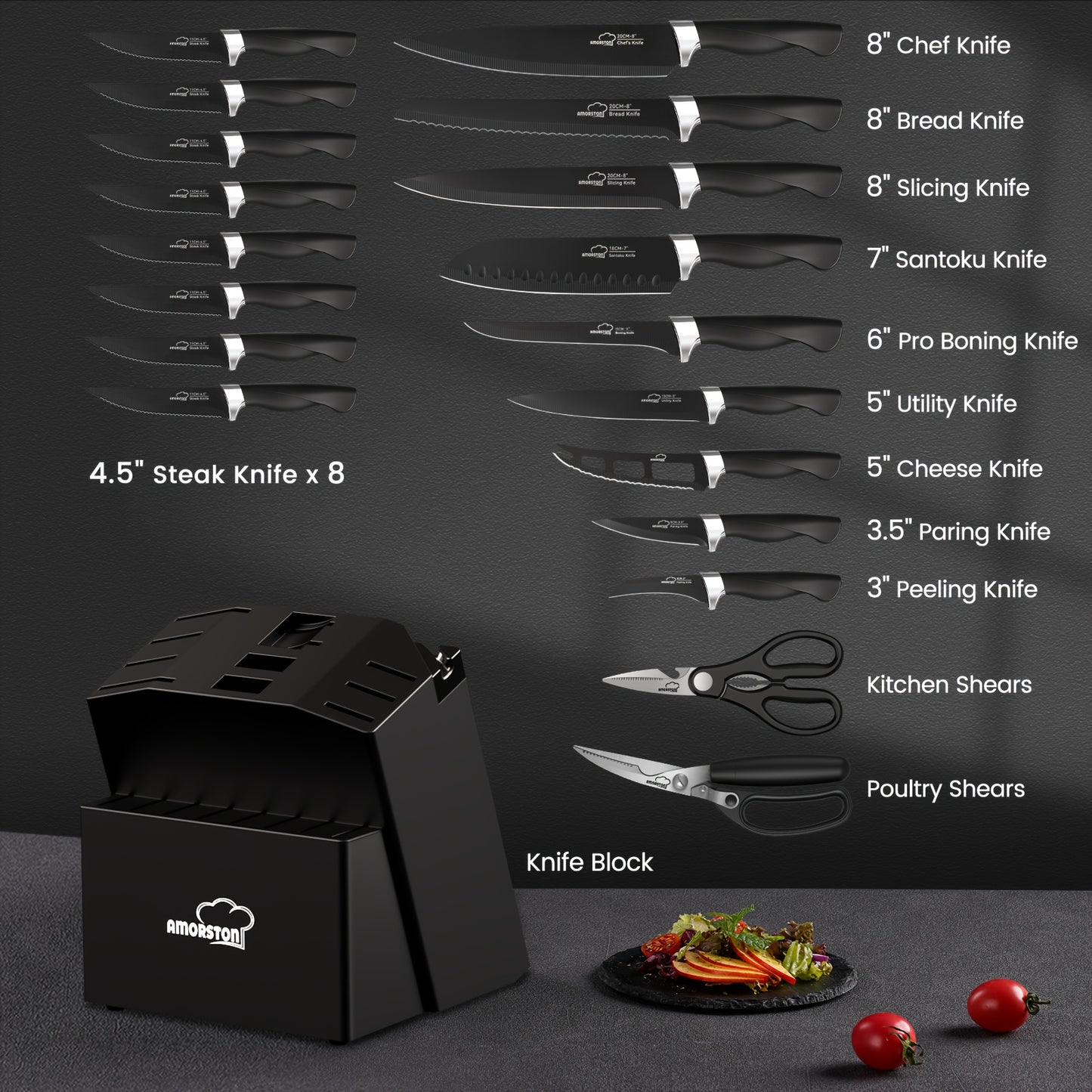 20pcs/ Knife Set, Amorston 20pcs Knife Sets for Kitchen with Block, Dishwasher Safe Kitchen Knife Set with Built-in Sharpener, German Stainless Steel Black Knife Block Set, Kitchen Gadgets Gifts for Mom Or Dad