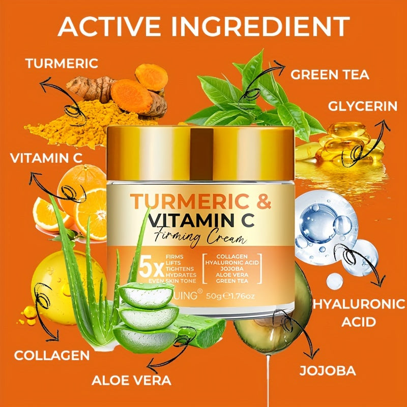 JAYSUING Turmeric & Vitamin C Firming Moisturizer Cream - Unisex Adult, All Skin Types, Hydrating & Tightening, Jojoba Oil Infused, Collagen & Aloe Vera Enriched, Soothes & Smoothes Skin, 50g