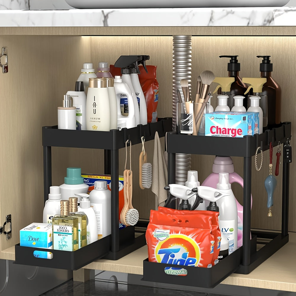 Under Sink Organizer 2 Pack, Kitchen Cabinet Organizer, 2 Tier Sliding Cabinet Basket Organizer Drawer, Multi-Purpose Bath Collection Baskets for Kitchen Under Counter Storage Organizer with 8 Hooks