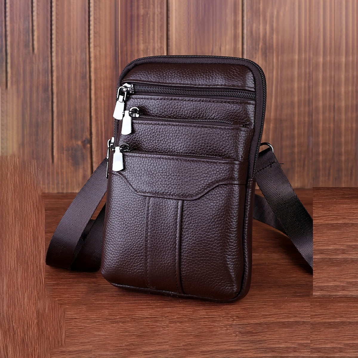 Men's Genuine Leather Crossbody Phone Holster - Brown Waist Pack with Multiple Zipped Pockets, Adjustable Strap & Headphone Hole for Casual Outings