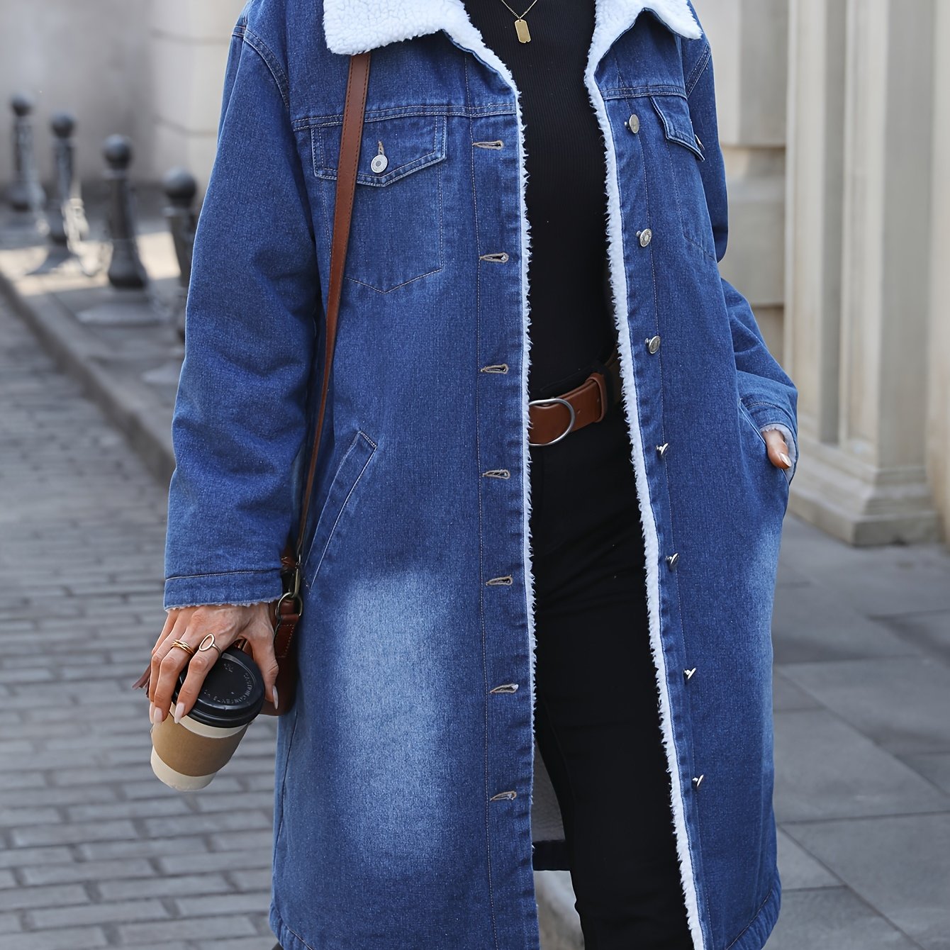 Morin Elegant Mid-Length Denim Jacket with Faux Fur Trim - Women's Winter Loose Fit, Button-Up, Long Sleeve, Flap Pocket Coat, Machine Washable, Cotton/Polyester Blend