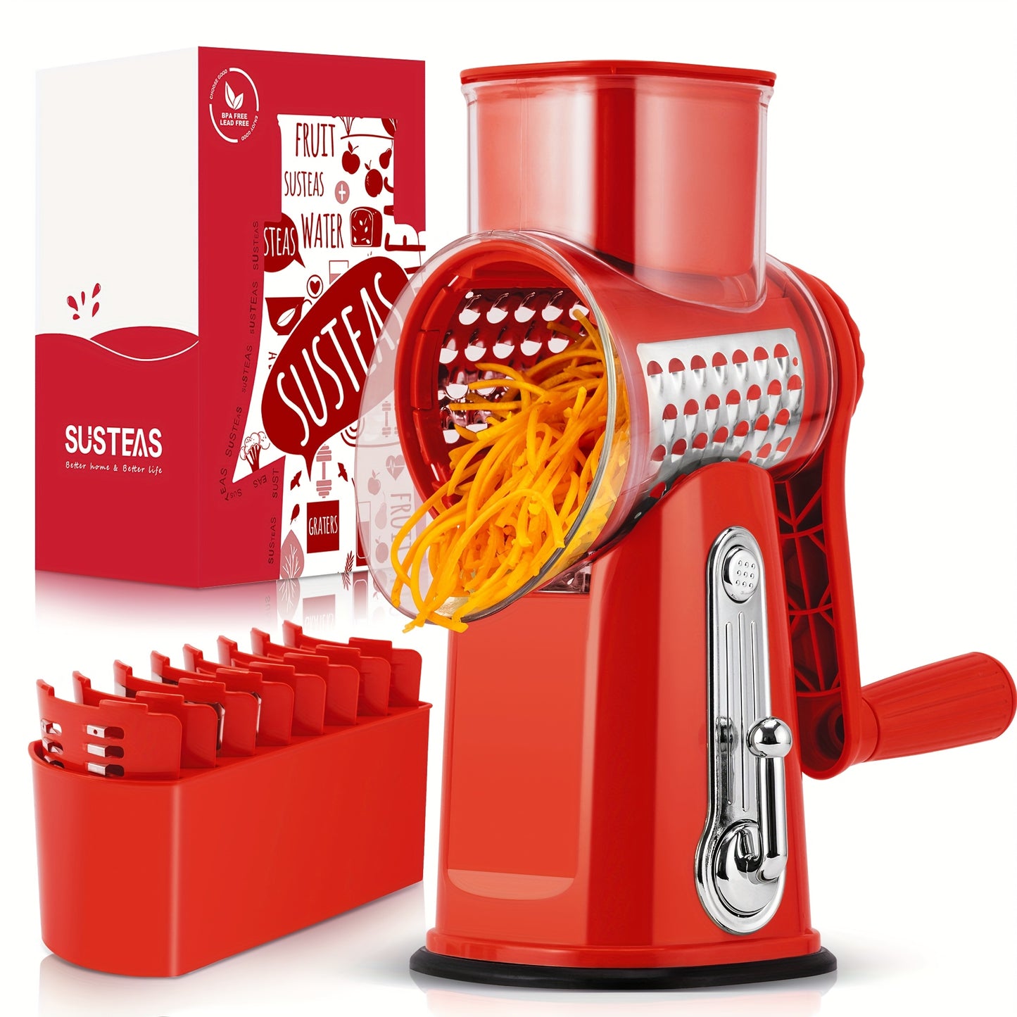 SUSTEAS Rotary Cheese Grater With Handle - Vegetable Shredder With 5 Well-designed Blades & Strong Suction Base, Round Mandoline Slicer & Food Chopper For Kitchen, With Blade Storage Box