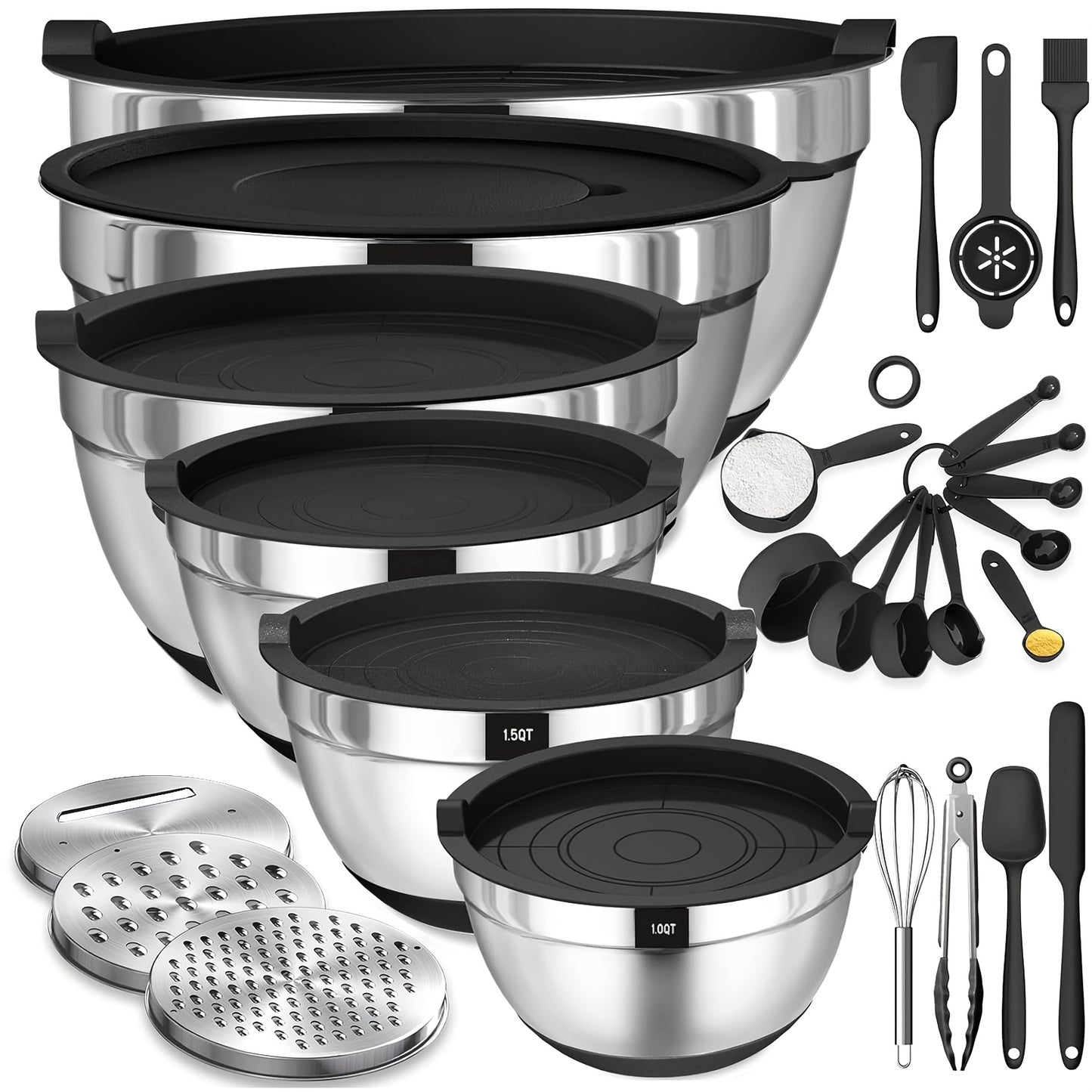 Mixing Bowls with Airtight Lids, 26pcs Stainless Steel Bowls Set 6 bowls & Lids + 20 kitchen tools, 3 Grater Attachments & Black Non-Slip Bottoms Size 7, 4, 2.5, 2.0, 1.5, 1QT, Great for Mixing & Serving