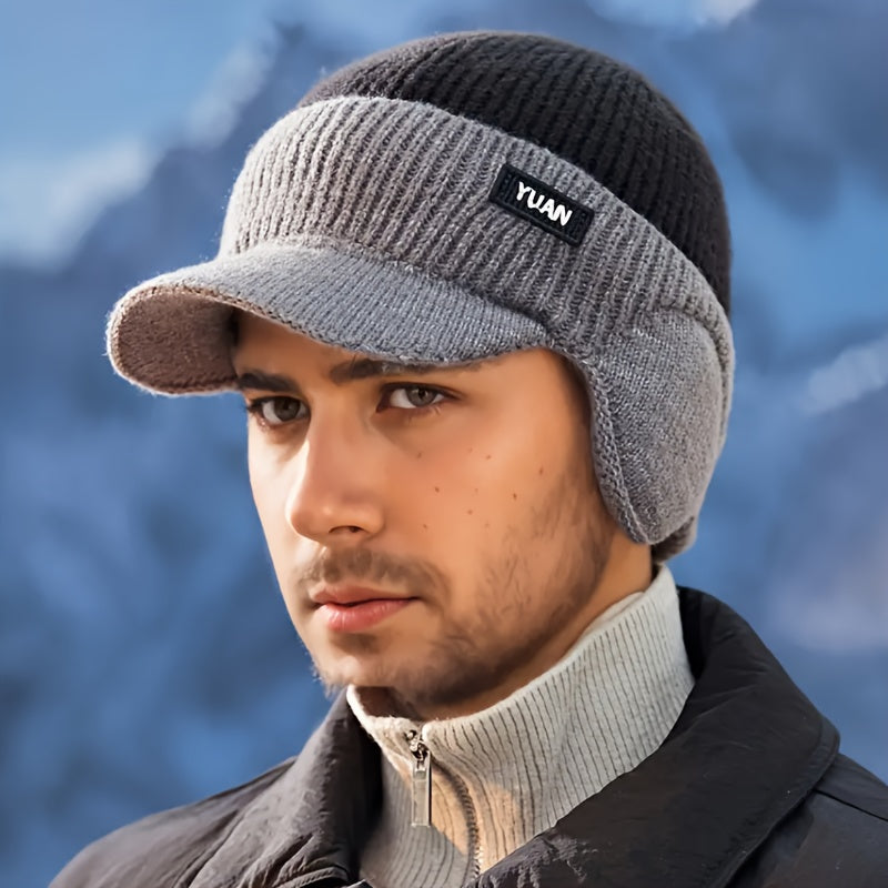 1pc YUAN Brand Men'S Winter Earflap Beanie Hat - 100% Acrylic Knit Warm Cycling Cap with Slight Stretch, Street Style Outdoor Riding Colorblock Hat