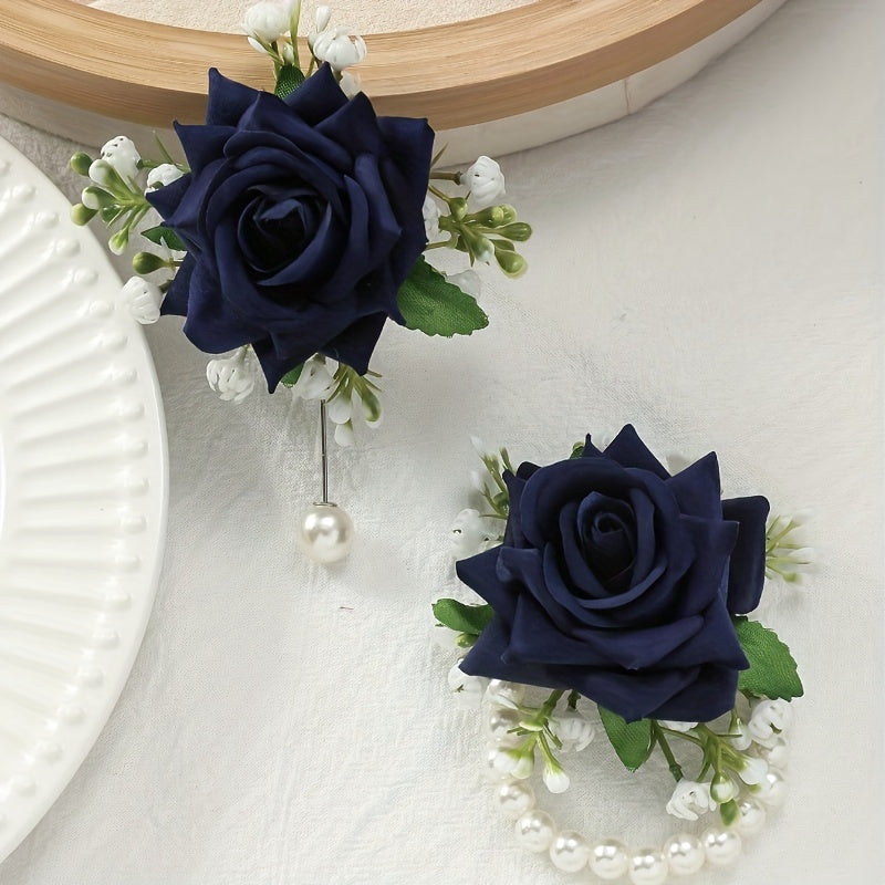2pcs Elegant Rose Corsage and Wrist Flower Set in Polyester Fiber for School Events, Parties, Weddings Decorations