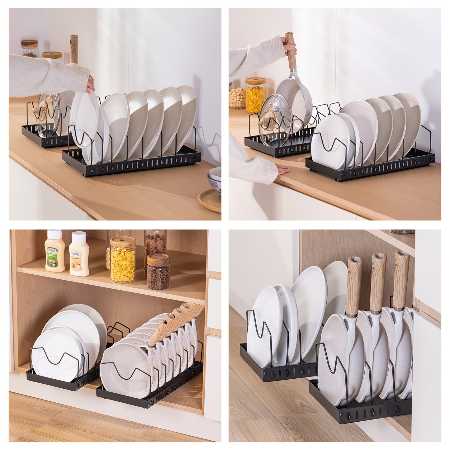 Pull Out Pot Lids Organizer Rack, 2pcs Pots And Pans Organizer for Under Cabinet, Pot Lid Holder with 8 Adjustable Compartment for Kitchen Cabinet Cookware Baking