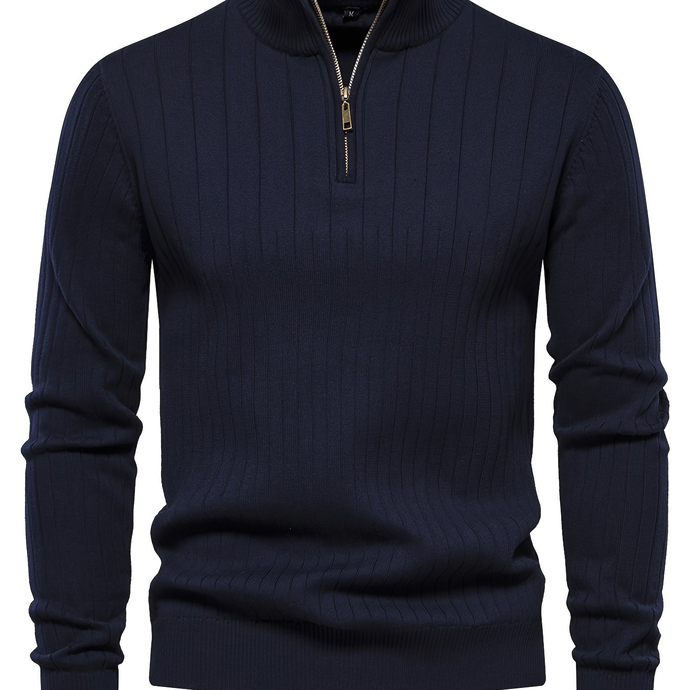 Men's Navy Blue Half-Zip Stand Collar Sweatshirt - Stretch Blend, Ribbed Texture, Long Sleeve - Ideal for Fishing & Walking in Fall/Winter