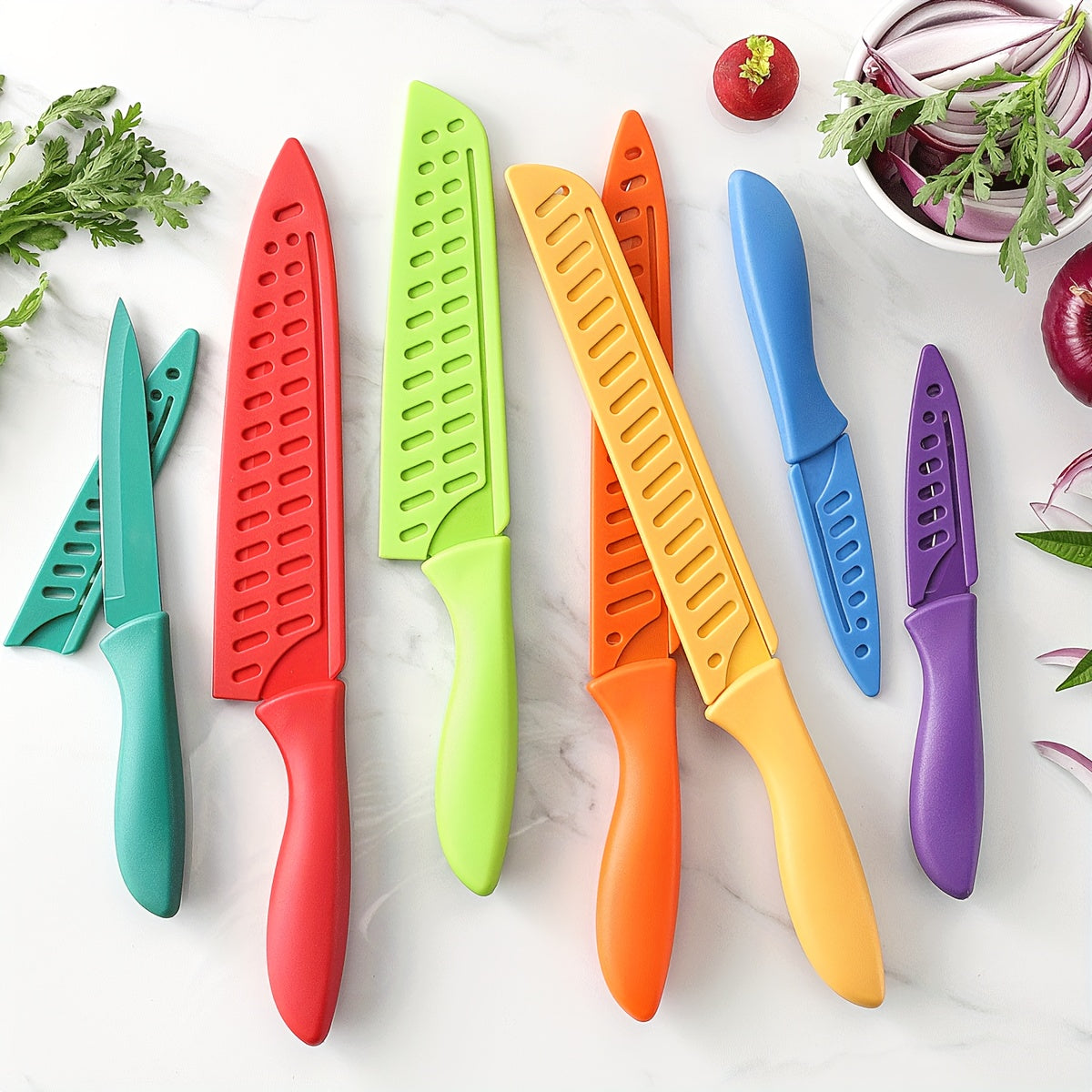 Kitchen Knife Set Dishwasher Safe, Sharp Stainless Steel Knife Set, Kitchen Knives Sets Professional with Sheaths 14pcs Rainbow, 7 Knives with 7 Blade Guards Non Stick
