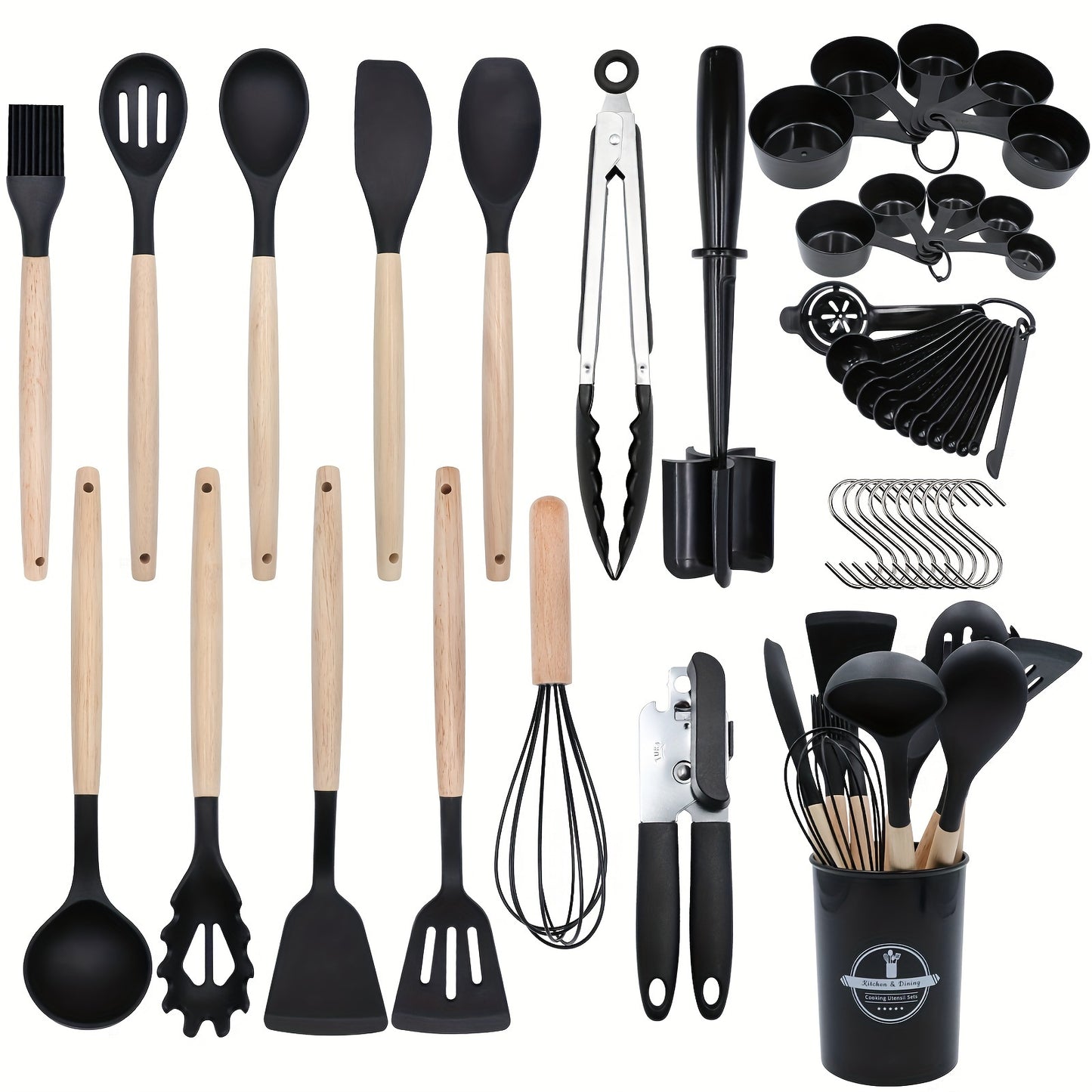 Kitchen Utensils Set- 46 pcs Cooking Utensils with Tongs, Spoon, Meat Chopper, Spatula & Opener Made of Heat-Resistant Food Grade Silicone and Wooden Handles Kitchen Gadgets Tools Set for Nonstick Cookware, With hooks