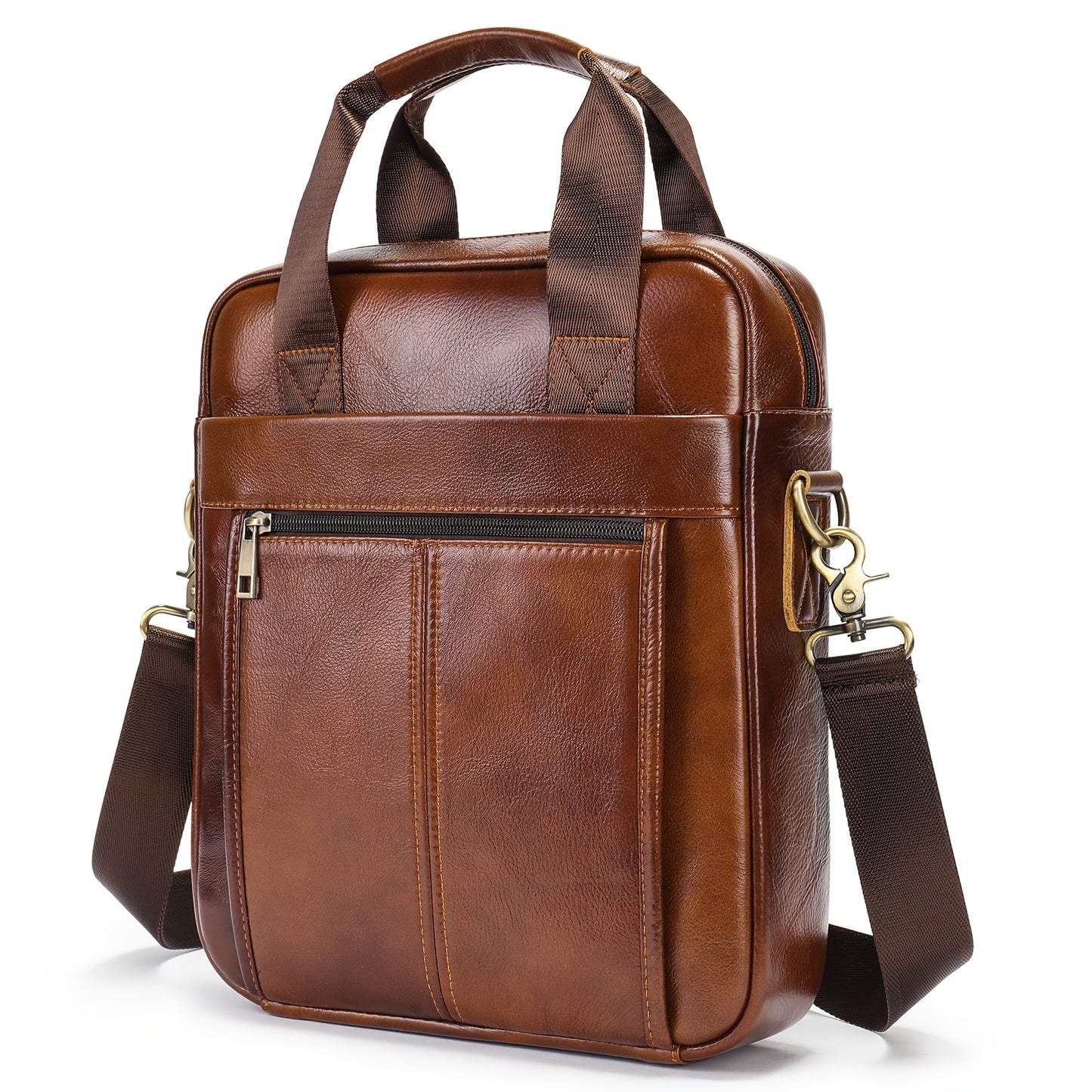 Men's Genuine Leather Messenger Bag - Adjustable Crossbody & Shoulder Handbag for Travel, Work, and Business - Brown, Large Capacity with Multiple Compartments, Durable Cowhide Leather, Smooth Zippers, Detachable Strap, Carry