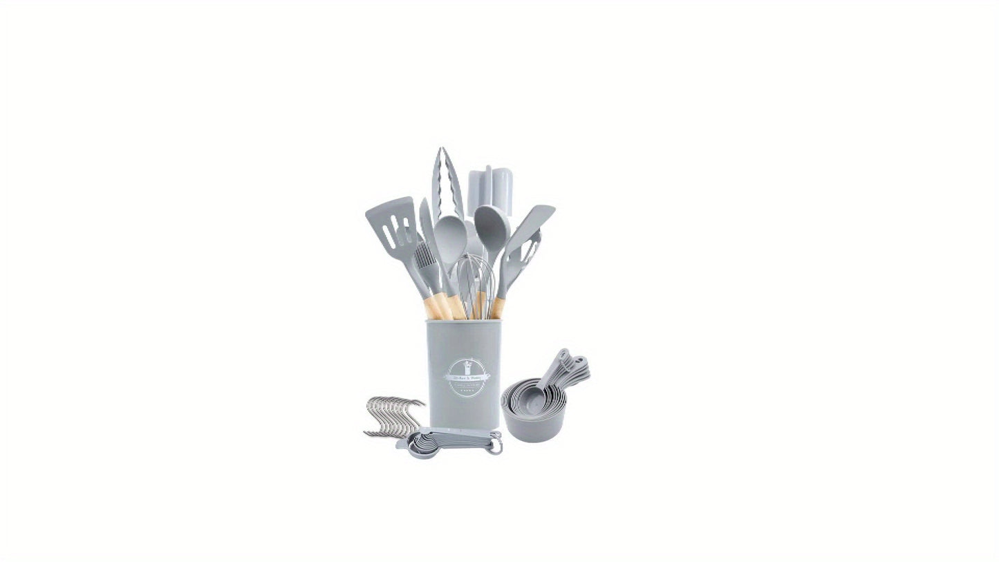 Kitchen Utensils Set- 46 pcs Cooking Utensils with Tongs, Spoon, Meat Chopper, Spatula & Opener Made of Heat-Resistant Food Grade Silicone and Wooden Handles Kitchen Gadgets Tools Set for Nonstick Cookware, With hooks