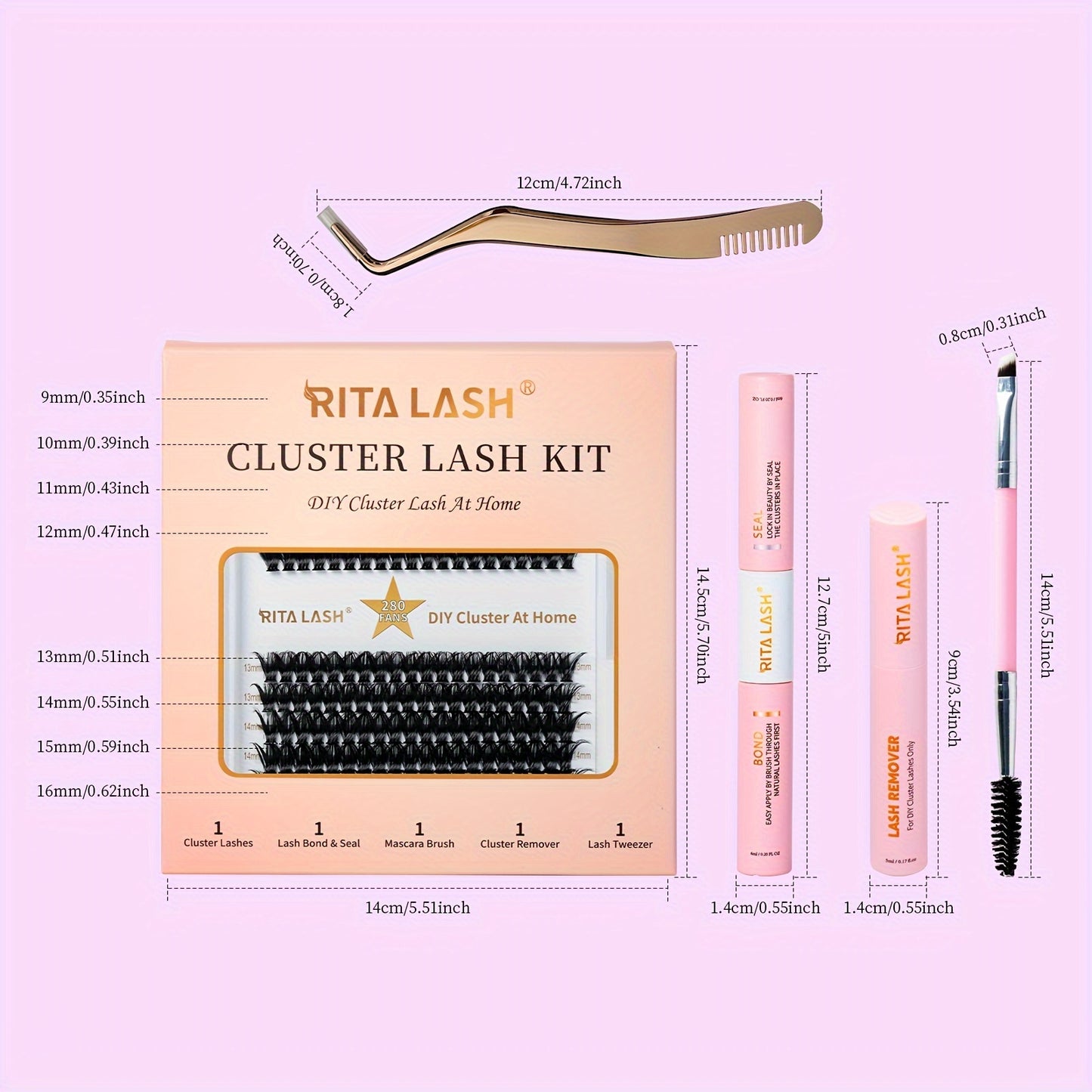 RITALASH DIY Lash Extension Kit, 280 Pcs Lash Clusters With Lash Bond And Seal, Mascara Brush Cluster Lash Glue Remover, Lash Applicator