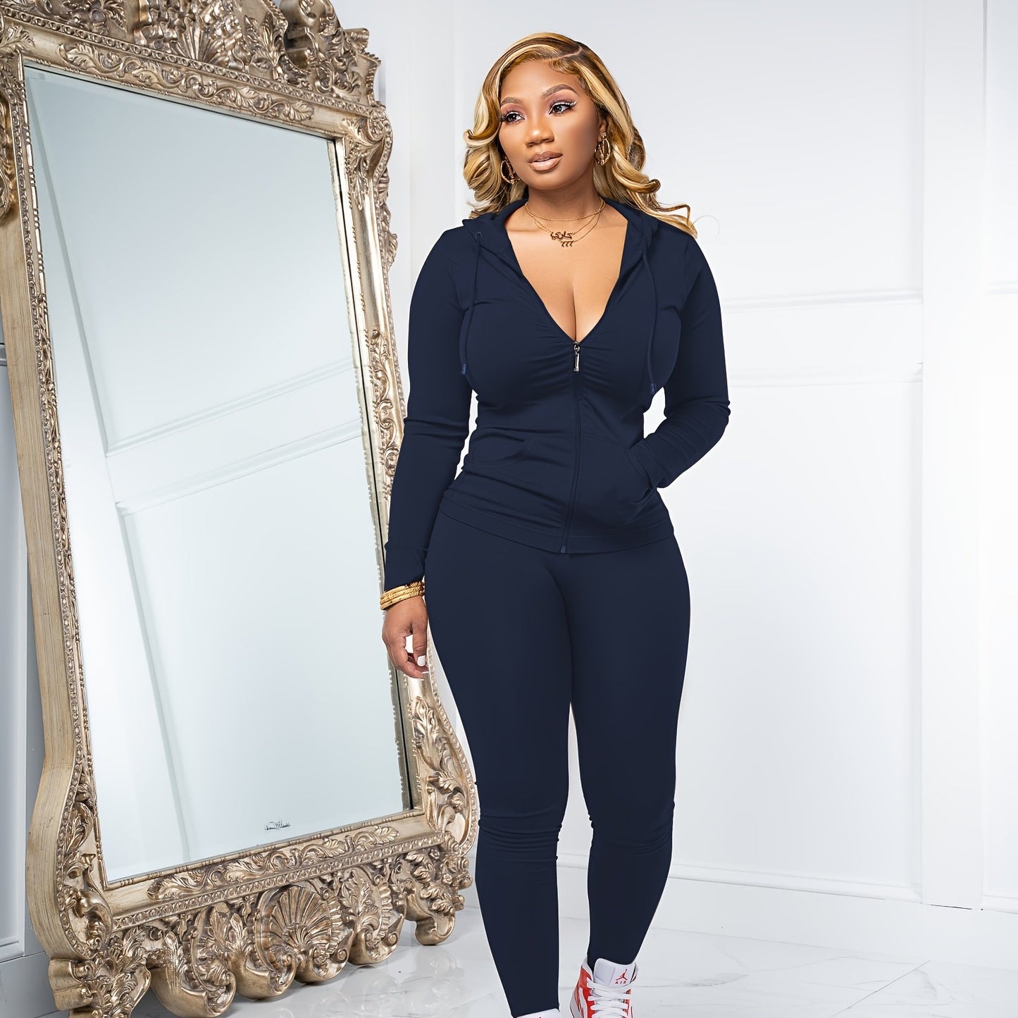 Women Two Piece Outfits Workout Sets Bodycon Tracksuit Long Sleeve Zip Up Hoodie Jacket Jogger Matching Sweat Pants Set